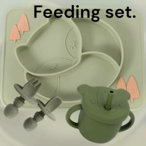 Olive Green :Feeding Set, Fox plate, Panda cup & Self feeding spoon and fork 0live Green.