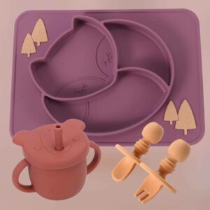 Grape Nectar: Feeding Set - 4 pcs fox plate, Panda cup, fork & self feeding spoon.