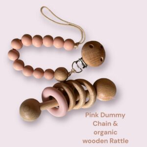 Dusty Pink Dummy Chain set with Wooden rattle