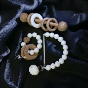 White 3pcs. Gift set- Dummy chain, Wooden Organic Rattle & Silicone bracelet