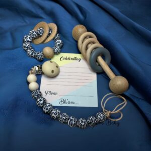Teething set- Leopard Blue-3pcs Bracelet, Dummy Chain & Wooden Rattle.
