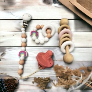 Pink Rainbow 4pcs Dummy set, Chain, Dummy, Bracelet, Wooden Rattle