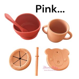 Pink 3pcs starter set: Panda cup with two lids and Deep feeding bowl and spoon set